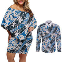 Ninamu Tahiti Tiare Monstera Couples Matching Off Shoulder Short Dress and Long Sleeve Button Shirt Polynesian Pattern Curve Style - Polynesian Pride
