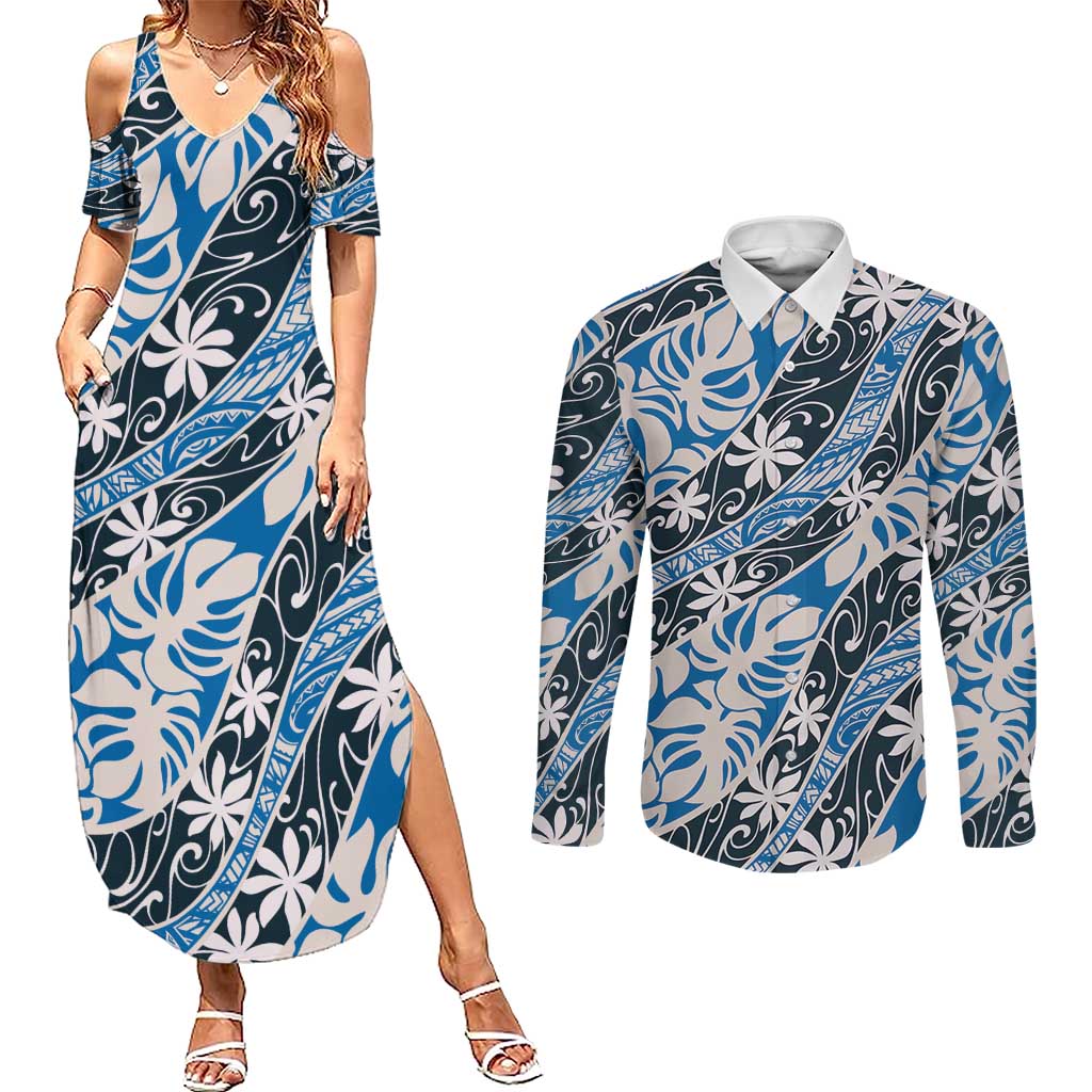 Ninamu Tahiti Tiare Monstera Couples Matching Summer Maxi Dress and Long Sleeve Button Shirt Polynesian Pattern Curve Style LT01 Blue - Polynesian Pride