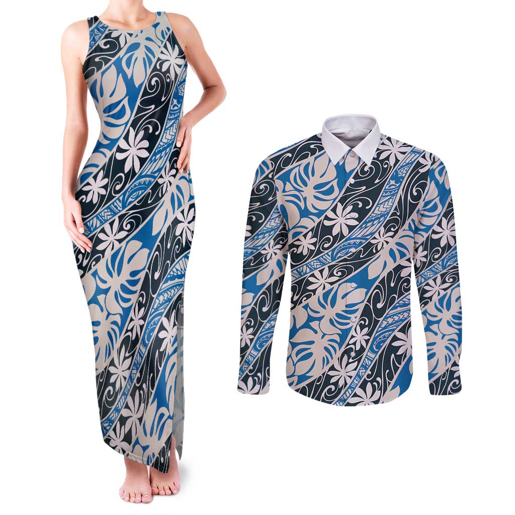 Ninamu Tahiti Tiare Monstera Couples Matching Tank Maxi Dress and Long Sleeve Button Shirt Polynesian Pattern Curve Style LT01 Blue - Polynesian Pride