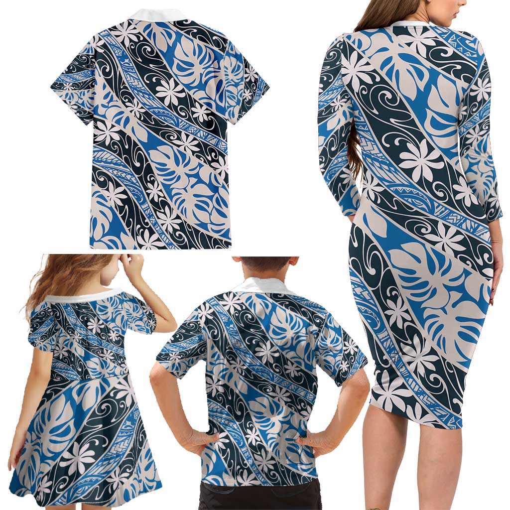 Ninamu Tahiti Tiare Monstera Family Matching Long Sleeve Bodycon Dress and Hawaiian Shirt Polynesian Pattern Curve Style - Polynesian Pride