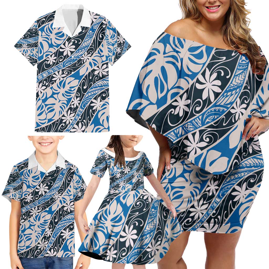 Ninamu Tahiti Tiare Monstera Family Matching Off Shoulder Short Dress and Hawaiian Shirt Polynesian Pattern Curve Style - Polynesian Pride