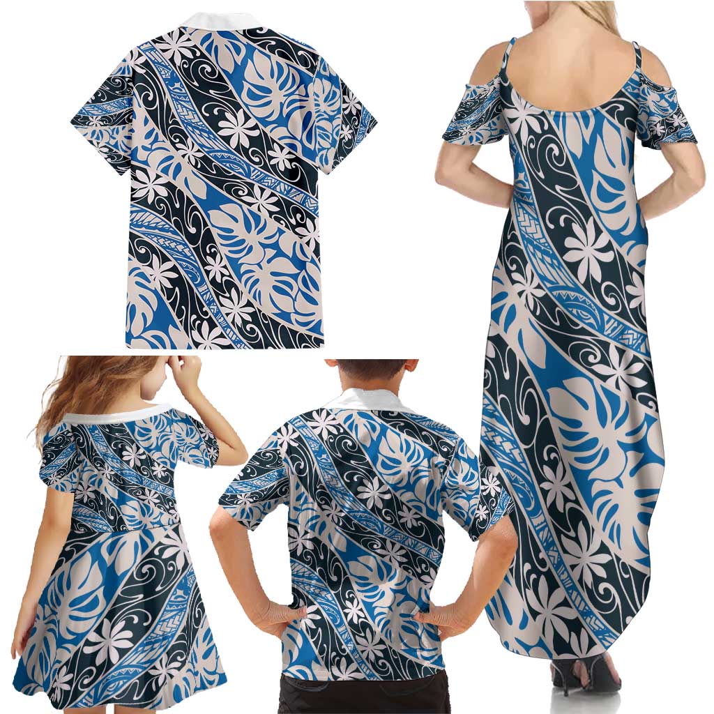 Ninamu Tahiti Tiare Monstera Family Matching Summer Maxi Dress and Hawaiian Shirt Polynesian Pattern Curve Style - Polynesian Pride