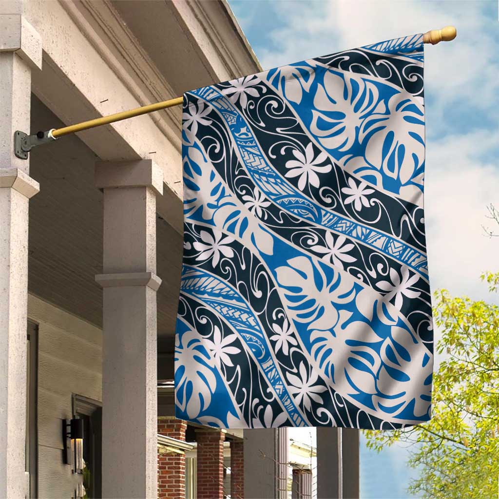 Ninamu Tahiti Tiare Monstera Garden Flag Polynesian Pattern Curve Style LT01 House Flag Blue - Polynesian Pride