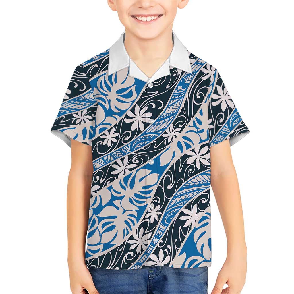 Ninamu Tahiti Tiare Monstera Kid Hawaiian Shirt Polynesian Pattern Curve Style LT01 Kid Blue - Polynesian Pride