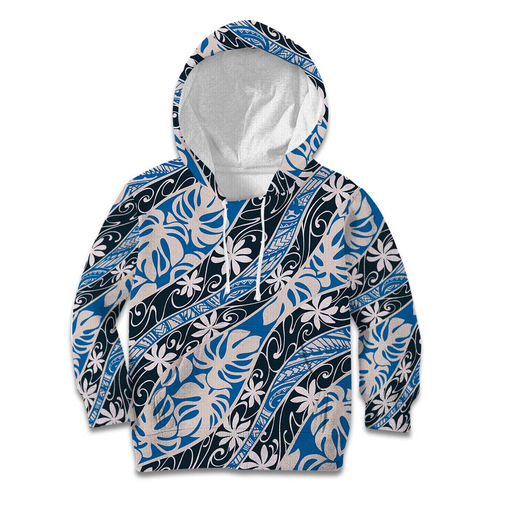 Ninamu Tahiti Tiare Monstera Kid Hoodie Polynesian Pattern Curve Style LT01 Hoodie Blue - Polynesian Pride