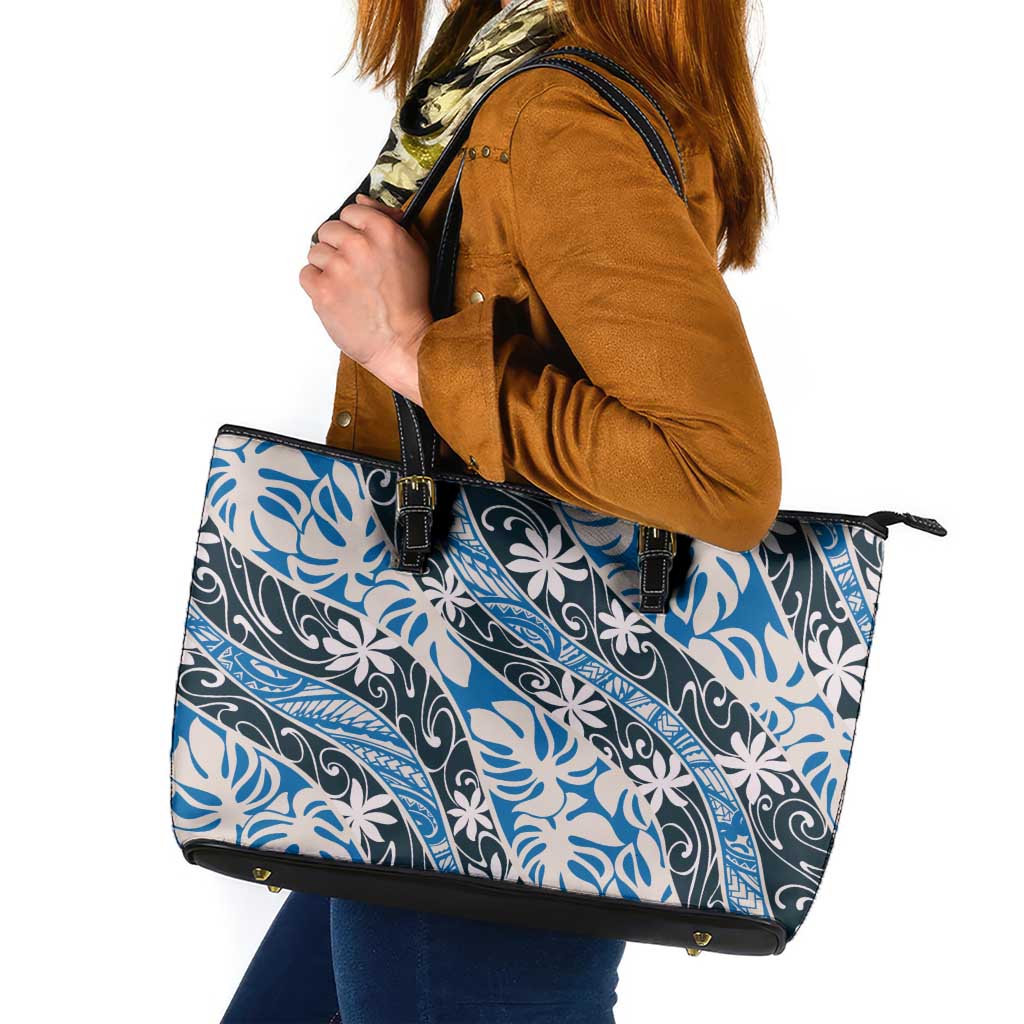Ninamu Tahiti Tiare Monstera Leather Tote Bag Polynesian Pattern Curve Style - Polynesian Pride
