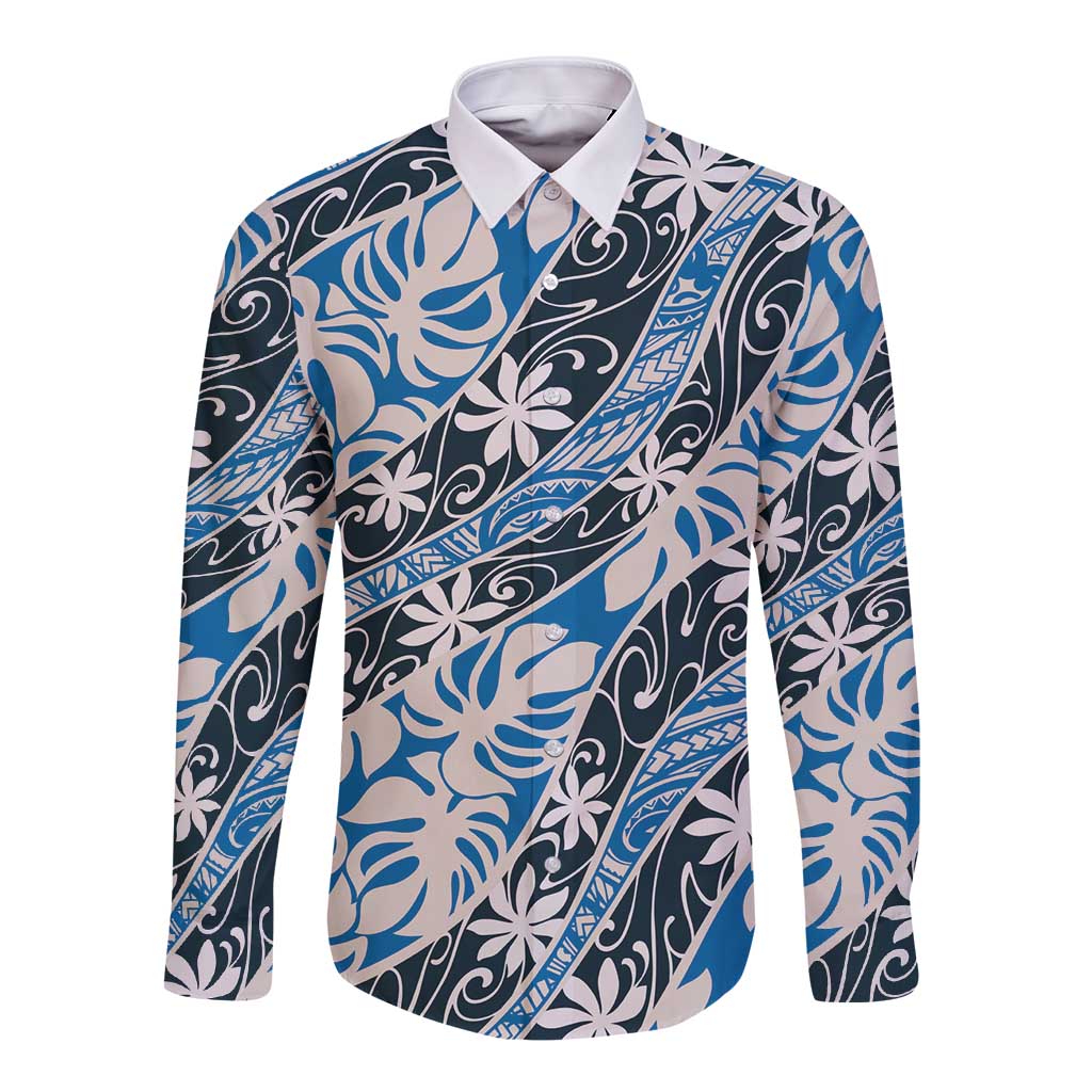 Ninamu Tahiti Tiare Monstera Long Sleeve Button Shirt Polynesian Pattern Curve Style LT01 Unisex Blue - Polynesian Pride