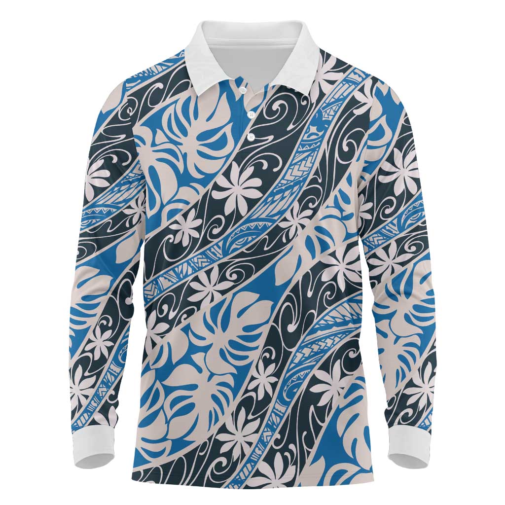 Ninamu Tahiti Tiare Monstera Long Sleeve Polo Shirt Polynesian Pattern Curve Style LT01 Blue - Polynesian Pride