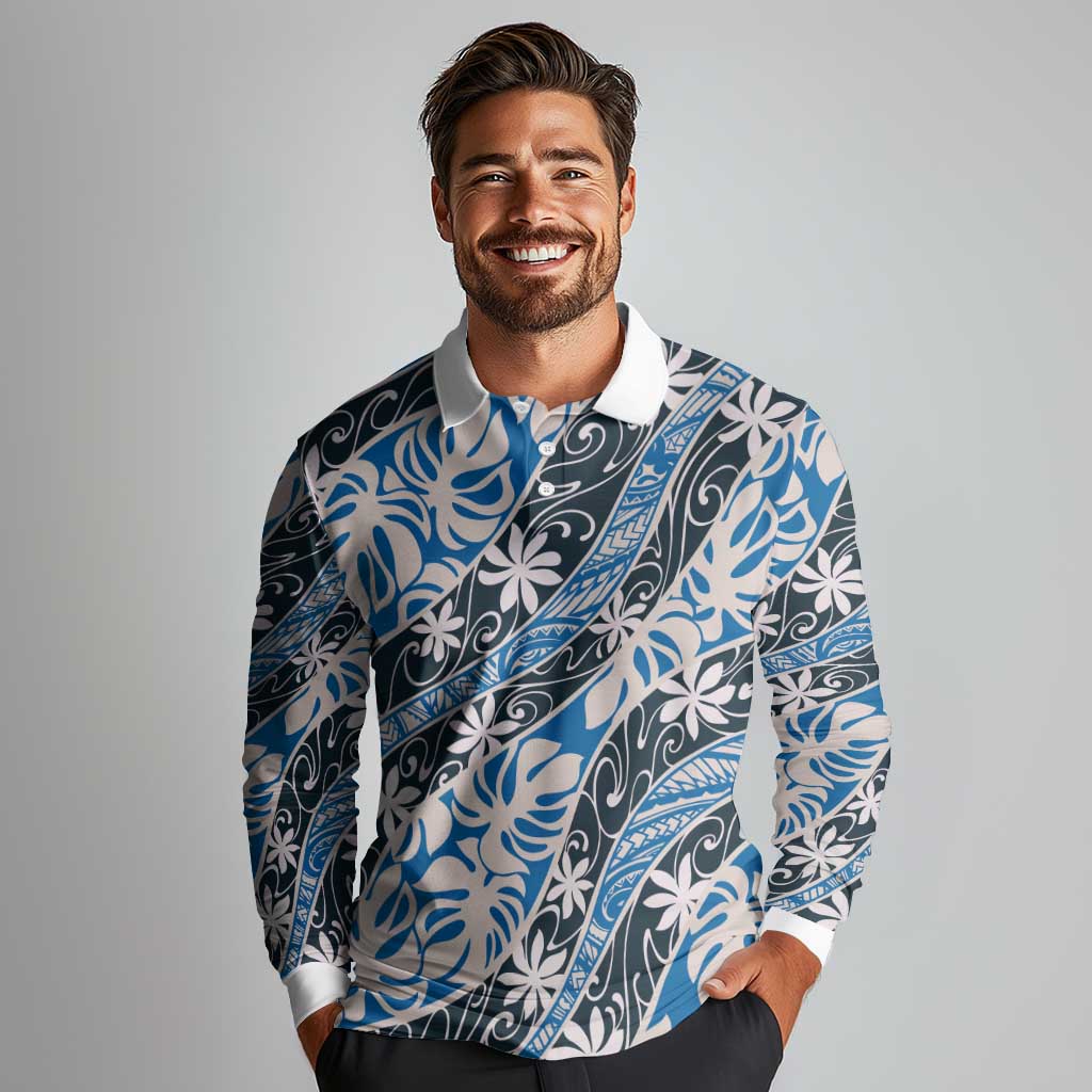 Ninamu Tahiti Tiare Monstera Long Sleeve Polo Shirt Polynesian Pattern Curve Style - Polynesian Pride