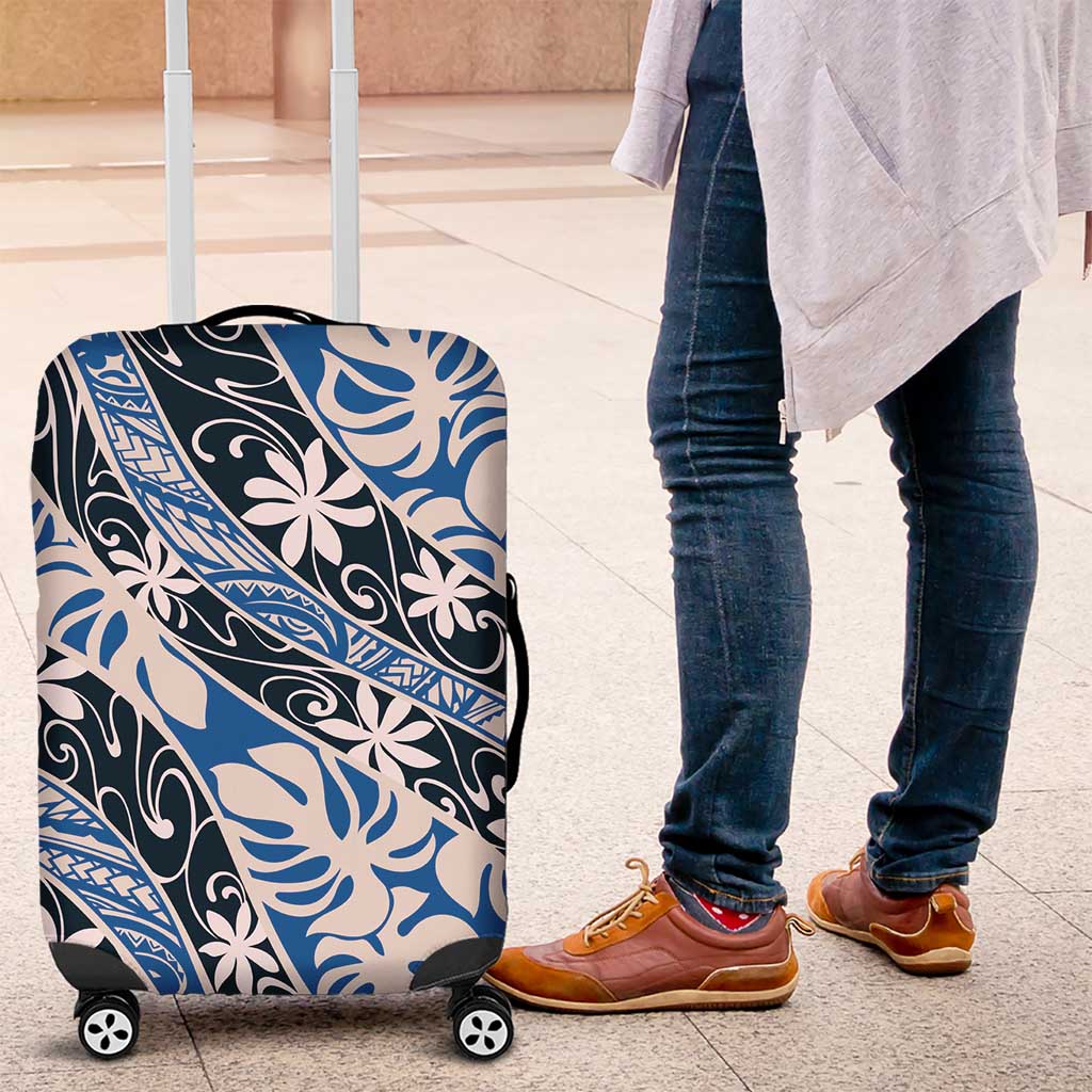 Ninamu Tahiti Tiare Monstera Luggage Cover Polynesian Pattern Curve Style LT01 Blue - Polynesian Pride