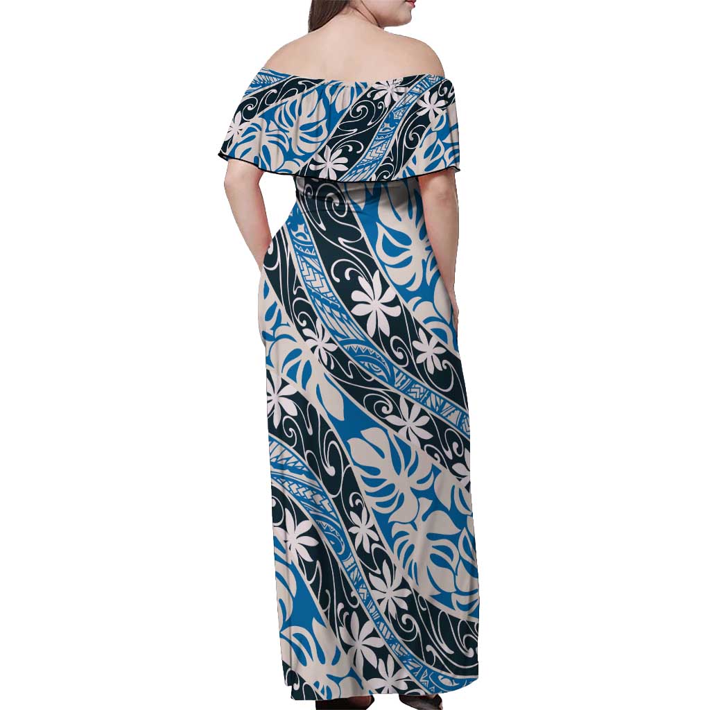 Ninamu Tahiti Tiare Monstera Off Shoulder Maxi Dress Polynesian Pattern Curve Style - Polynesian Pride