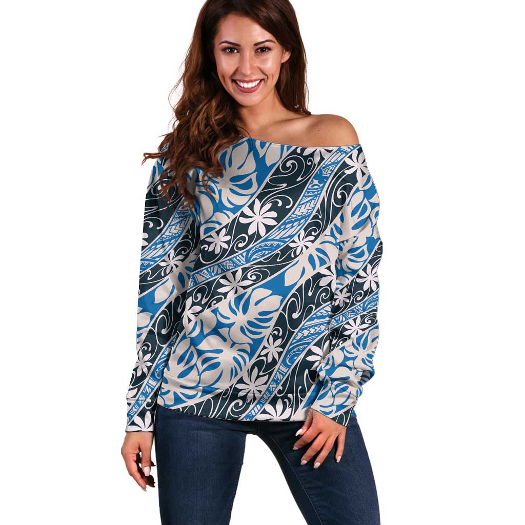 Ninamu Tahiti Tiare Monstera Off Shoulder Sweater Polynesian Pattern Curve Style LT01 Women Blue - Polynesian Pride
