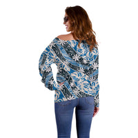 Ninamu Tahiti Tiare Monstera Off Shoulder Sweater Polynesian Pattern Curve Style - Polynesian Pride