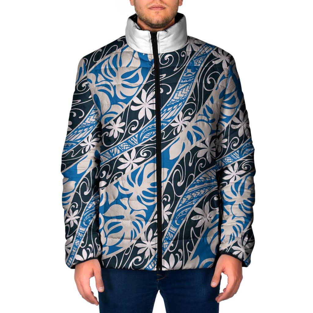 Ninamu Tahiti Tiare Monstera Padded Jacket Polynesian Pattern Curve Style LT01 Men Blue - Polynesian Pride