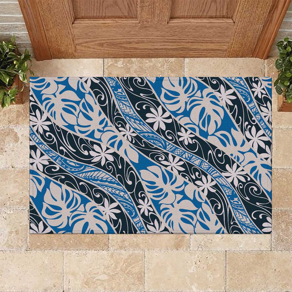 Ninamu Tahiti Tiare Monstera Rubber Doormat Polynesian Pattern Curve Style LT01 Blue - Polynesian Pride
