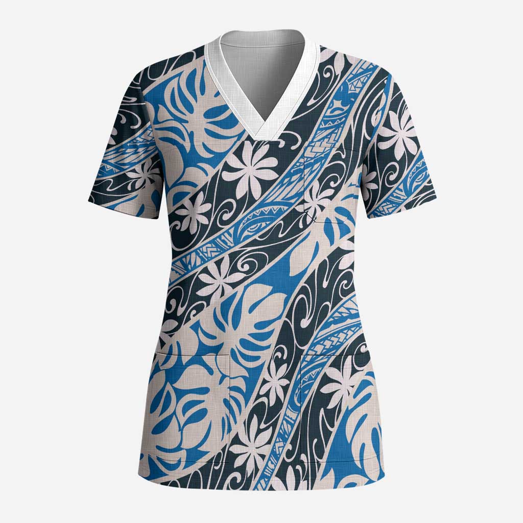 Ninamu Tahiti Tiare Monstera Scrub Top Polynesian Pattern Curve Style LT01 Adult Blue - Polynesian Pride