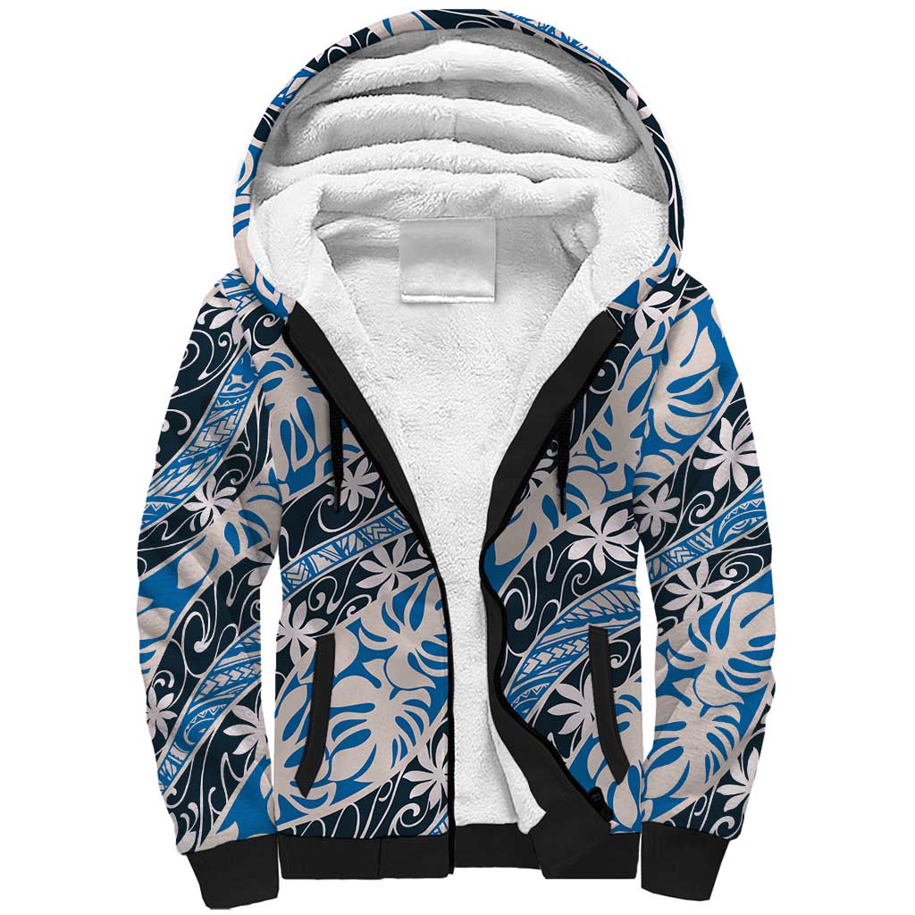 Ninamu Tahiti Tiare Monstera Sherpa Hoodie Polynesian Pattern Curve Style LT01 Unisex Blue - Polynesian Pride