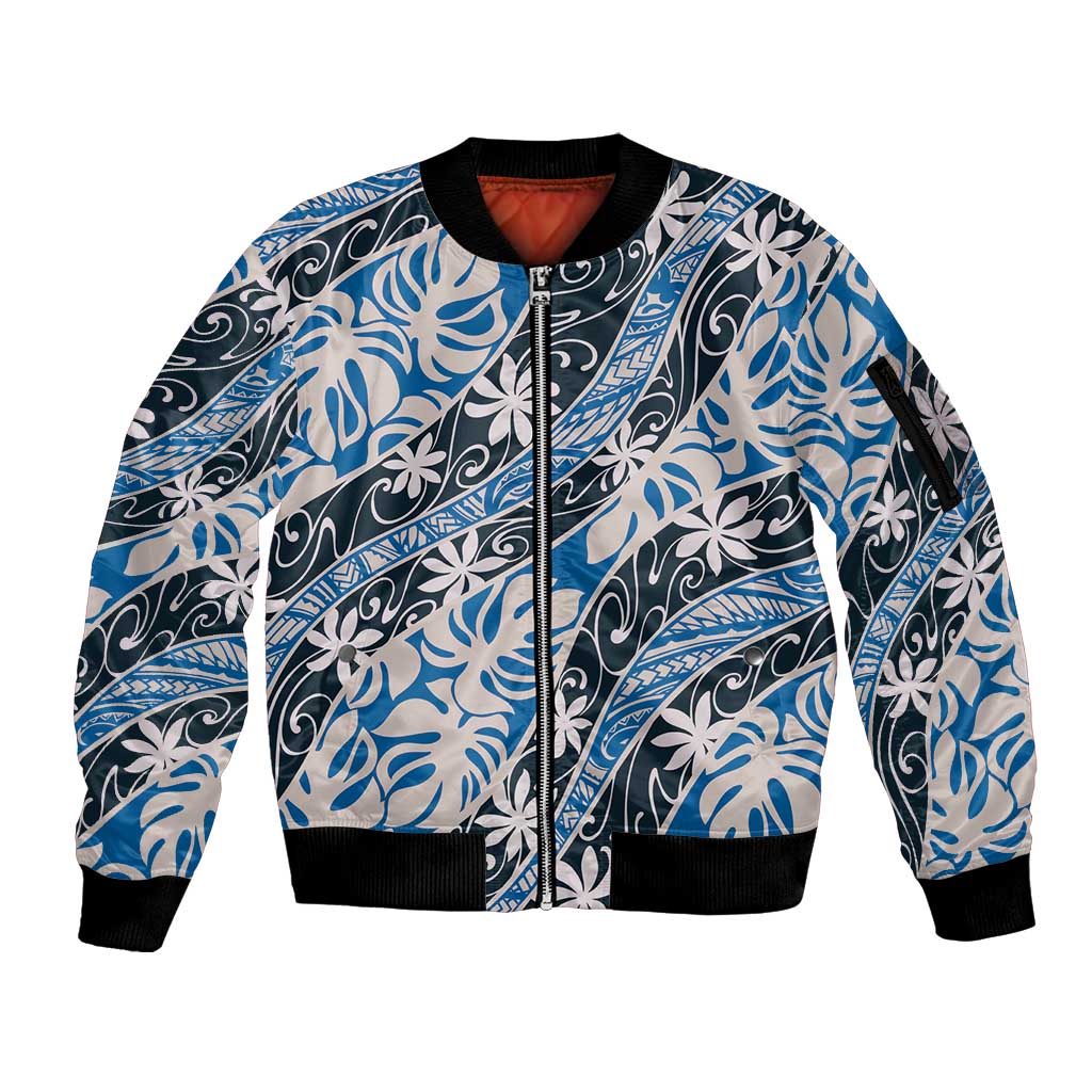 Ninamu Tahiti Tiare Monstera Sleeve Zip Bomber Jacket Polynesian Pattern Curve Style LT01 Unisex Blue - Polynesian Pride