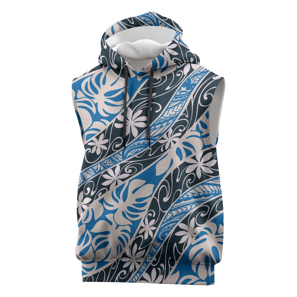 Ninamu Tahiti Tiare Monstera Sleeveless Hoodie Polynesian Pattern Curve Style LT01 Blue - Polynesian Pride