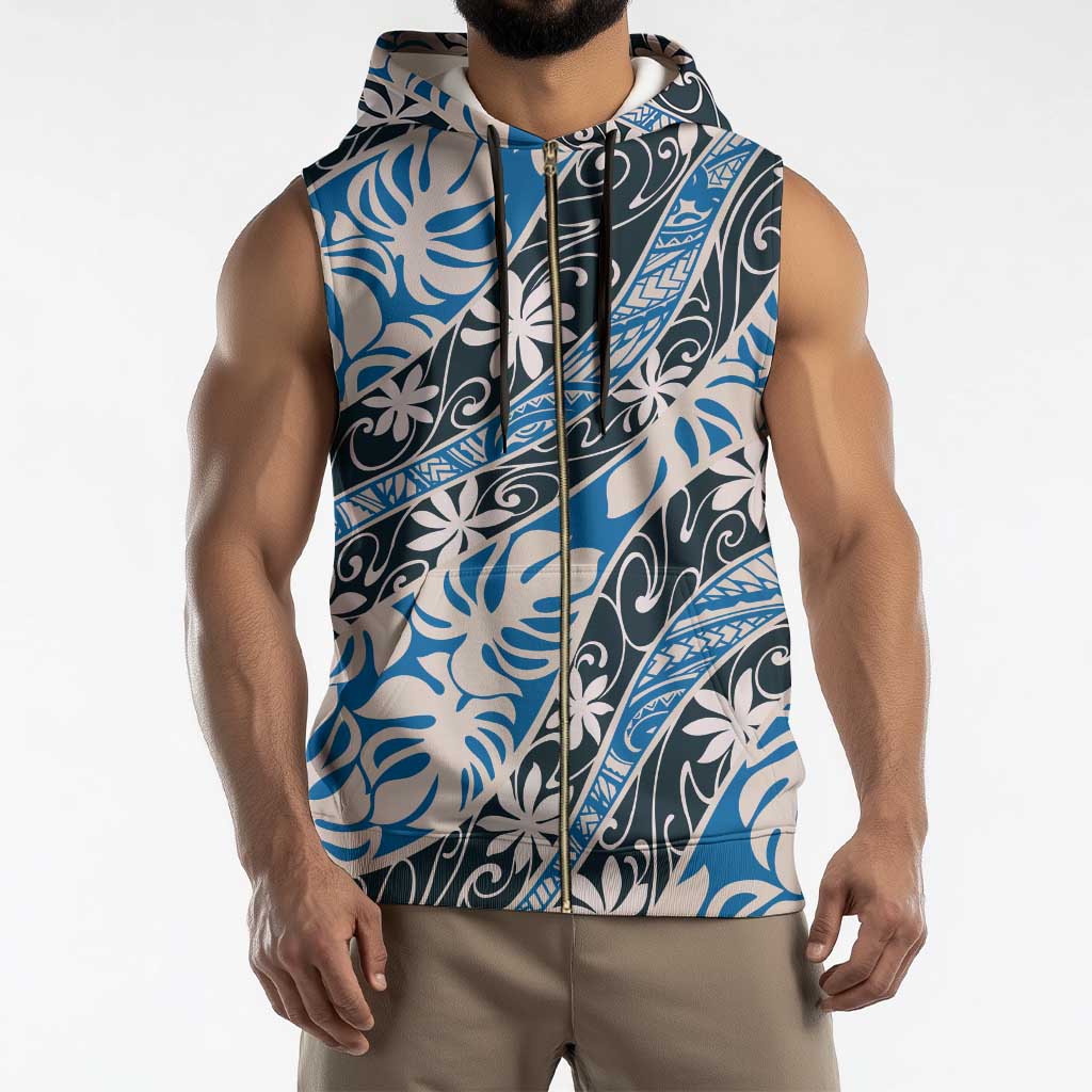 Ninamu Tahiti Tiare Monstera Sleeveless Zip Hoodie Polynesian Pattern Curve Style - Polynesian Pride