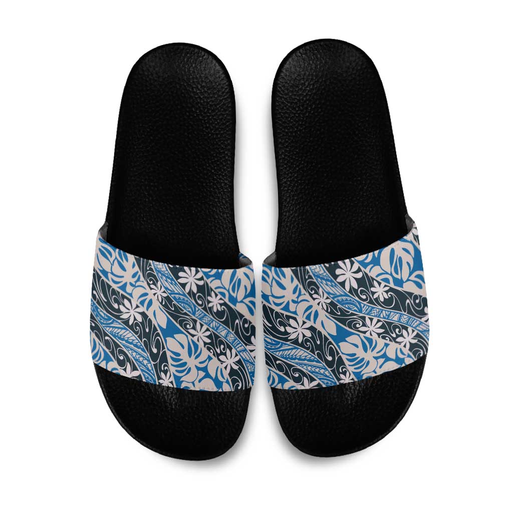 Ninamu Tahiti Tiare Monstera Slide Sandals Polynesian Pattern Curve Style LT01 Blue - Polynesian Pride