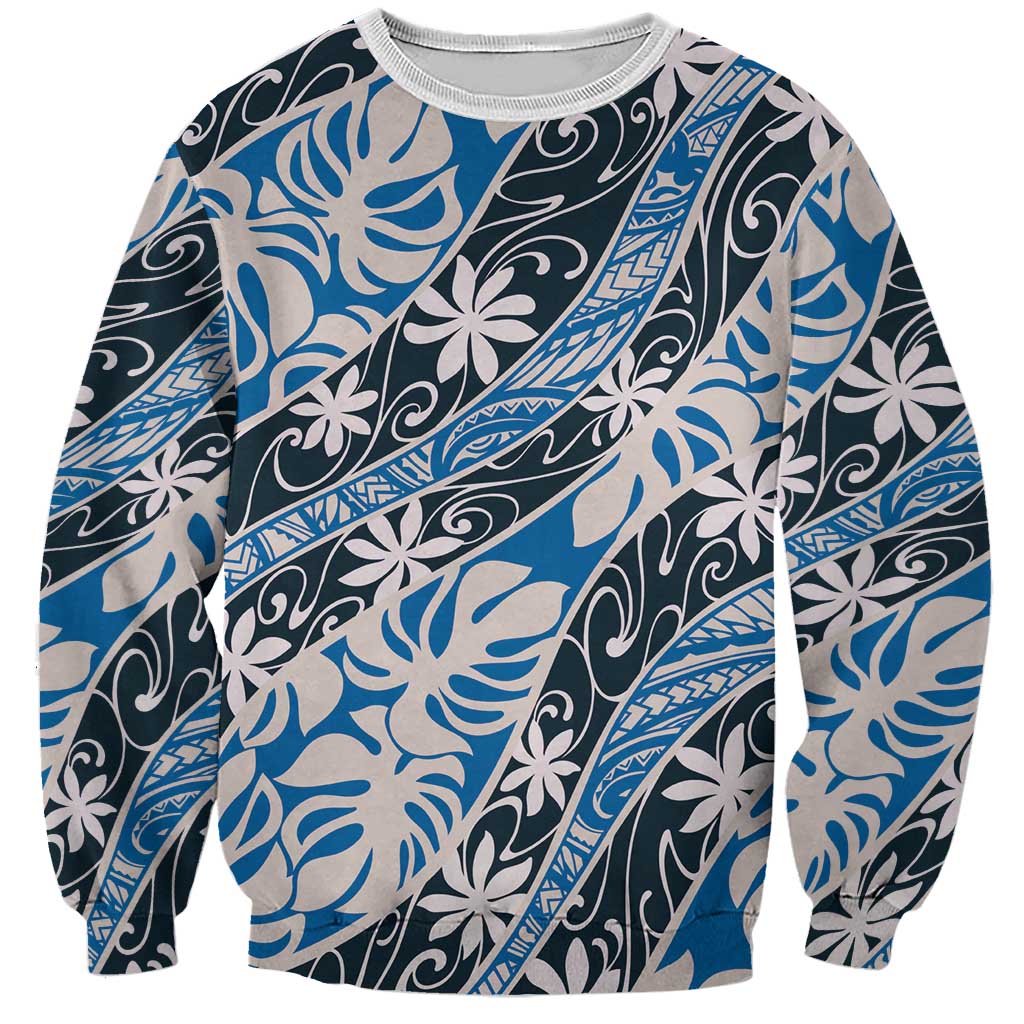 Ninamu Tahiti Tiare Monstera Sweatshirt Polynesian Pattern Curve Style LT01 Unisex Blue - Polynesian Pride