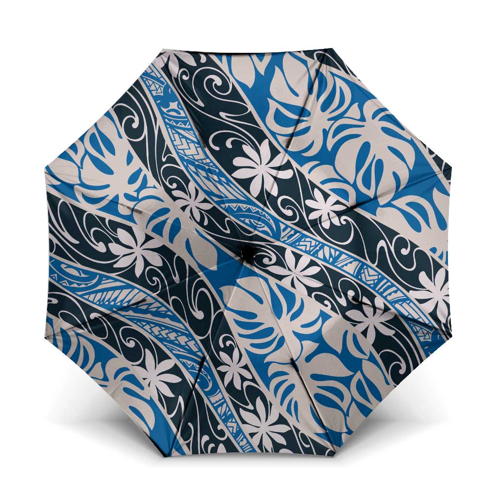 Ninamu Tahiti Tiare Monstera Umbrella Polynesian Pattern Curve Style LT01 One Size Folded 11.42 inch Opened Diameter 37.4 inch Blue - Polynesian Pride