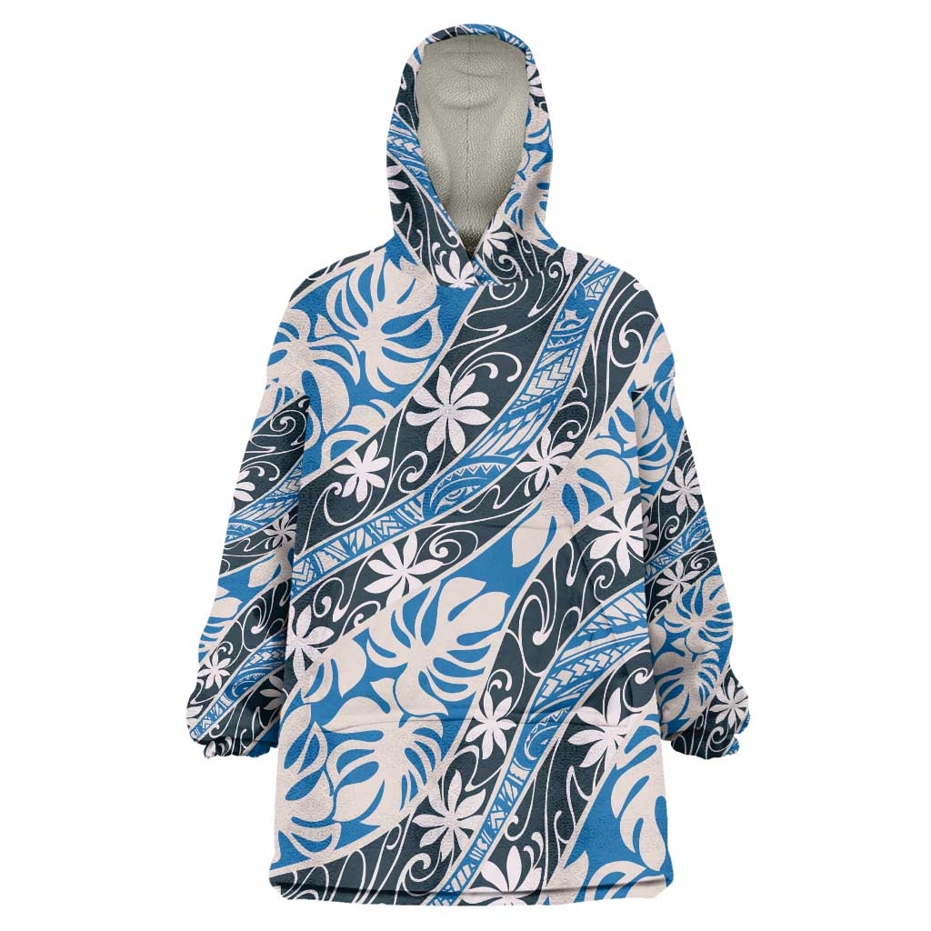 Ninamu Tahiti Tiare Monstera Wearable Blanket Hoodie Polynesian Pattern Curve Style LT01 One Size Blue - Polynesian Pride