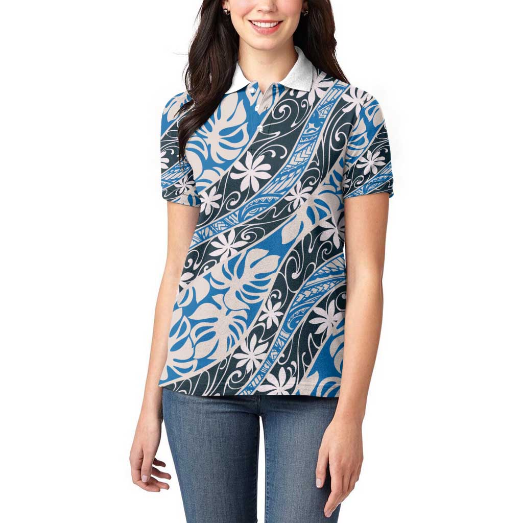 Ninamu Tahiti Tiare Monstera Women Polo Shirt Polynesian Pattern Curve Style - Polynesian Pride