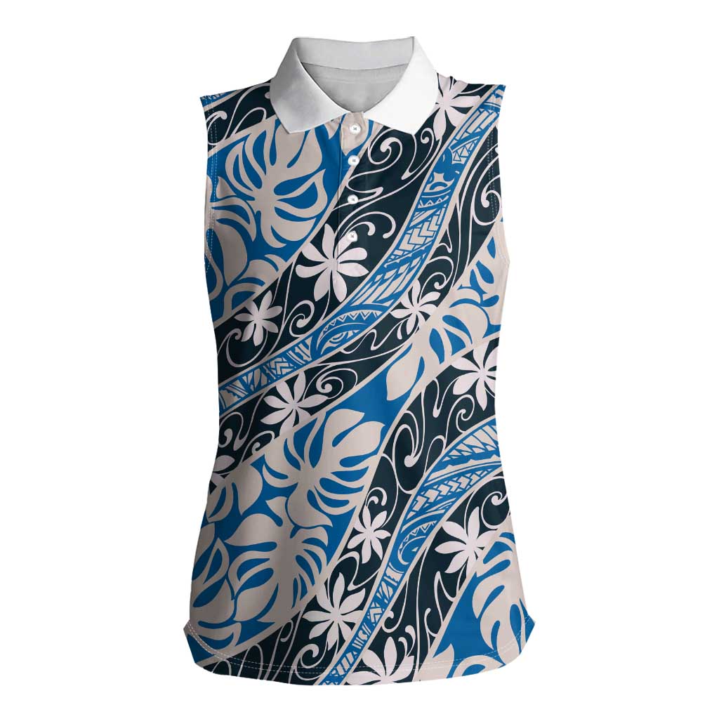 Ninamu Tahiti Tiare Monstera Women Sleeveless Polo Shirt Polynesian Pattern Curve Style LT01 Female Blue - Polynesian Pride