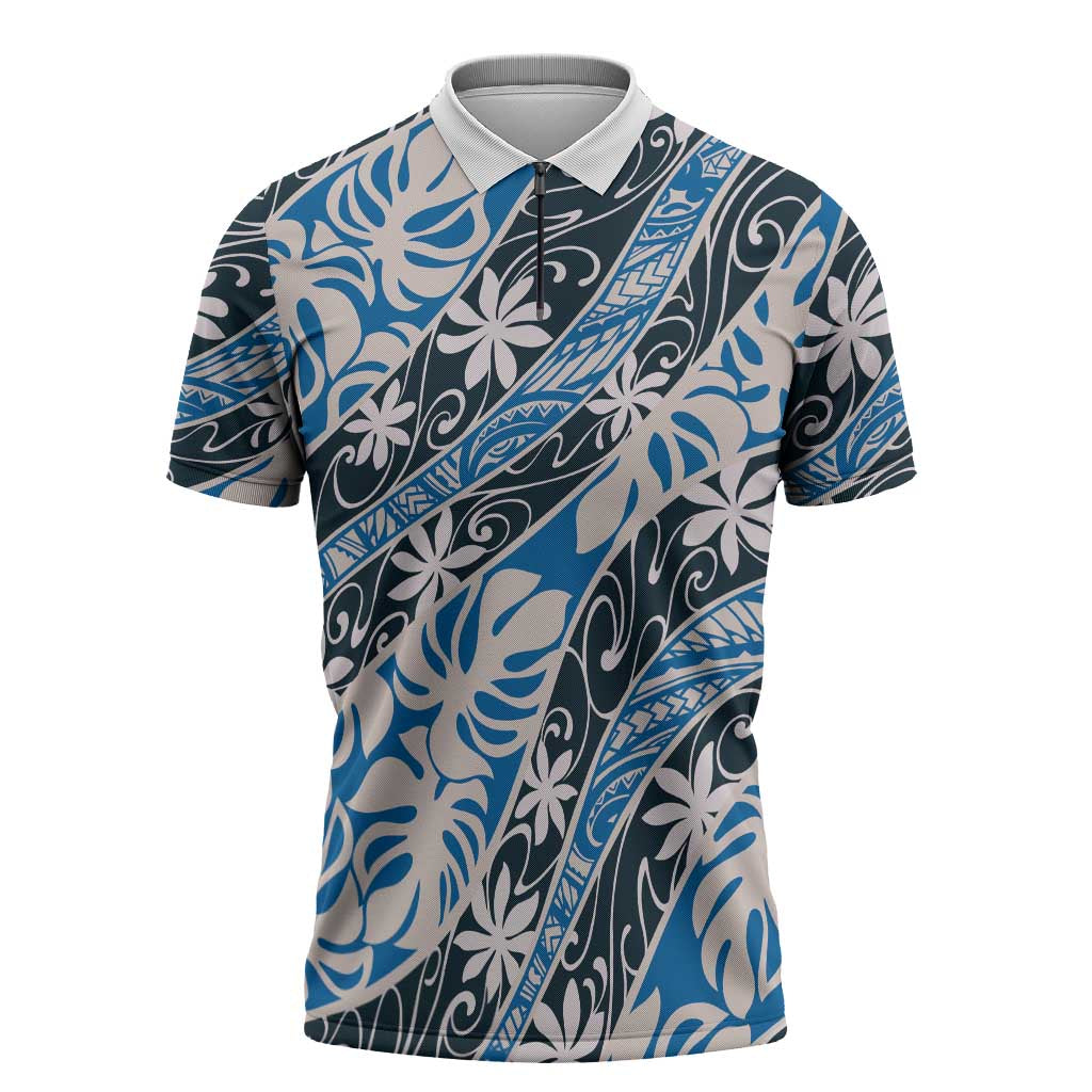 Ninamu Tahiti Tiare Monstera Zipper Polo Shirt Polynesian Pattern Curve Style LT01 Blue - Polynesian Pride