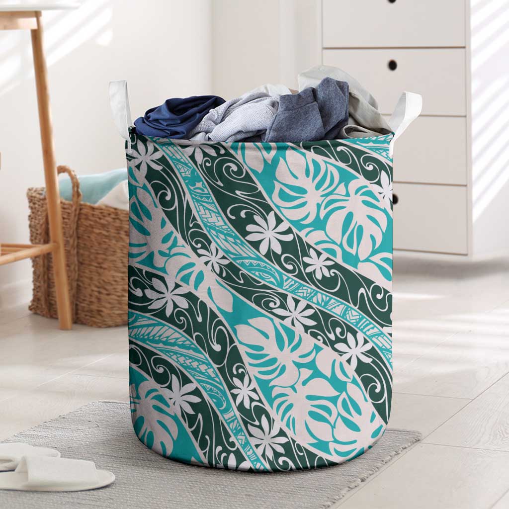 Cyan Tahiti Tiare Monstera Laundry Basket Polynesian Pattern Curve Style - Polynesian Pride
