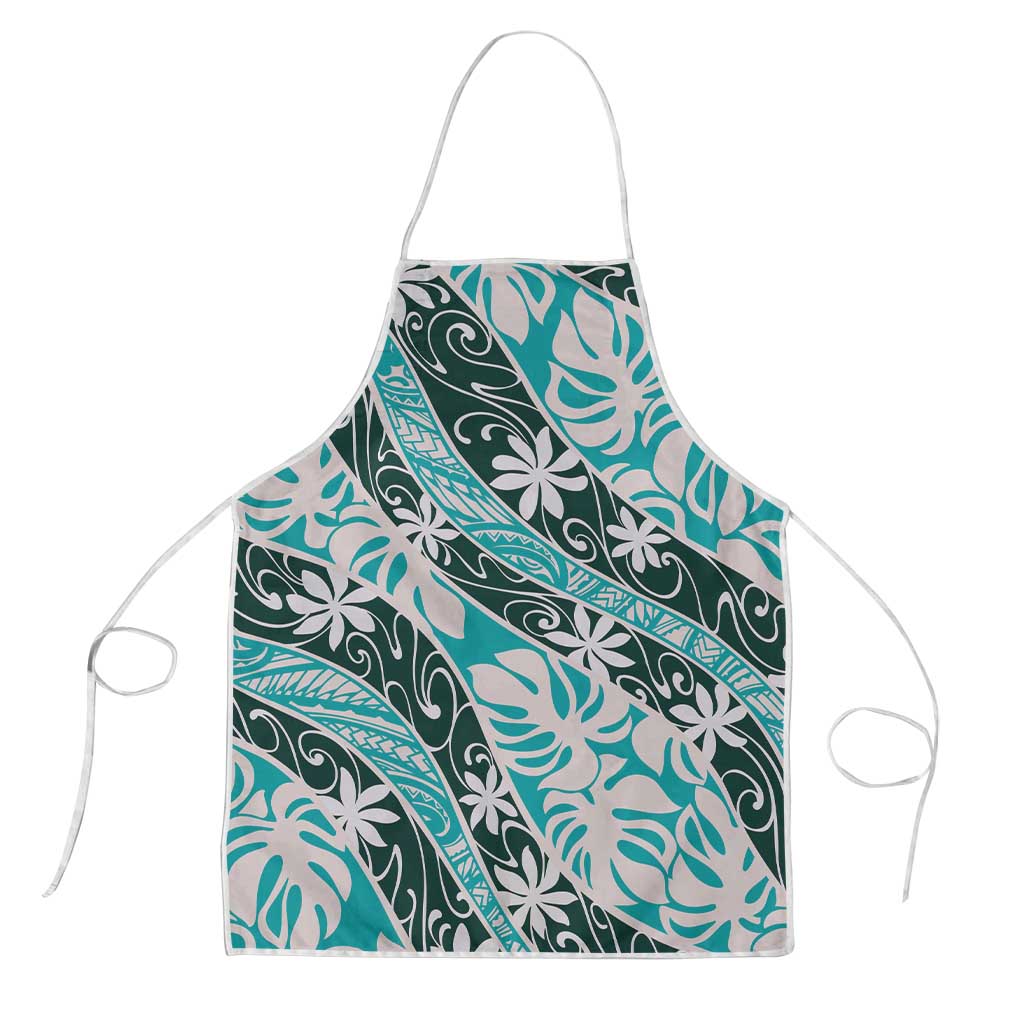 Cyan Tahiti Tiare Monstera Apron Polynesian Pattern Curve Style - Polynesian Pride