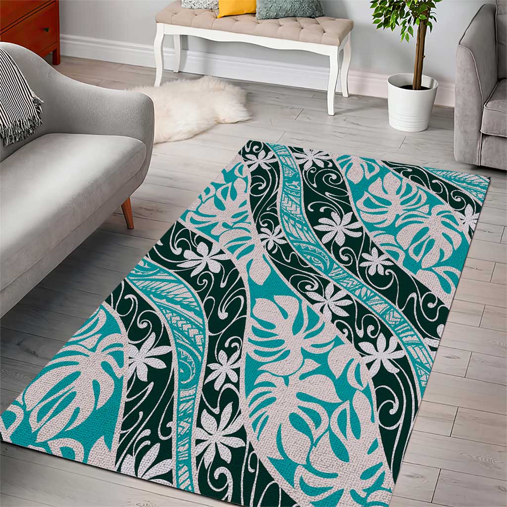 Cyan Tahiti Tiare Monstera Area Rug Polynesian Pattern Curve Style - Polynesian Pride