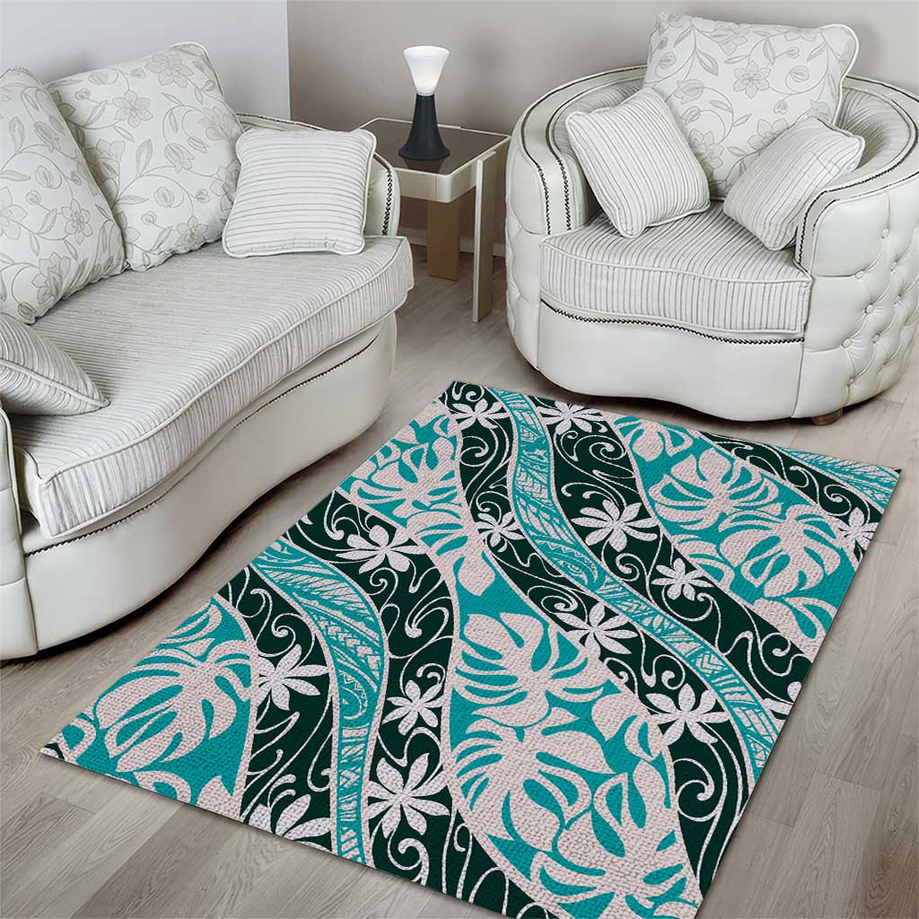 Cyan Tahiti Tiare Monstera Area Rug Polynesian Pattern Curve Style - Polynesian Pride