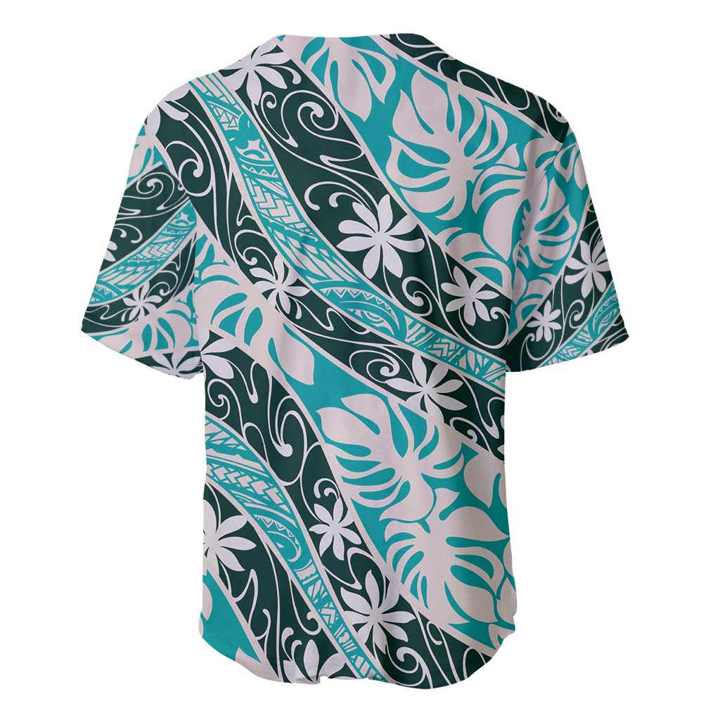 Cyan Tahiti Tiare Monstera Baseball Jersey Polynesian Pattern Curve Style - Polynesian Pride