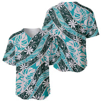 Cyan Tahiti Tiare Monstera Baseball Jersey Polynesian Pattern Curve Style - Polynesian Pride
