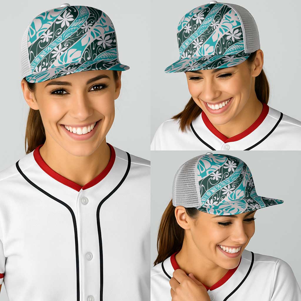 Cyan Tahiti Tiare Monstera Baseball Net Cap Polynesian Pattern Curve Style - Polynesian Pride