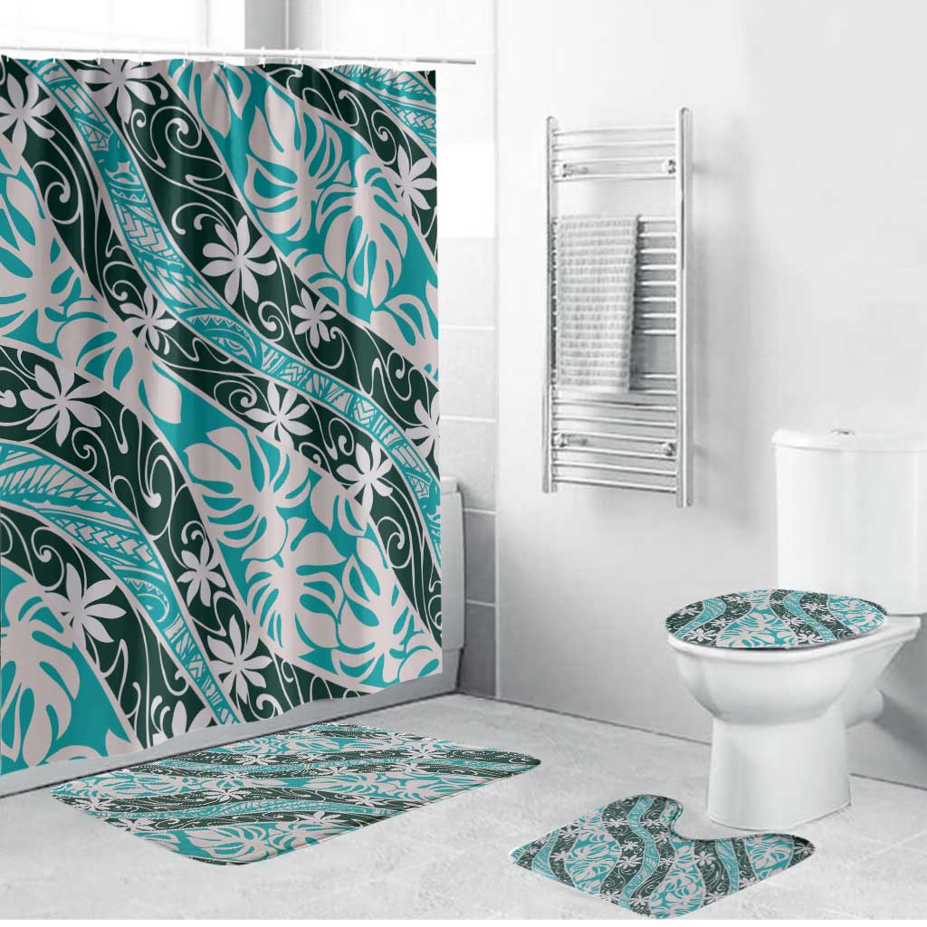 Cyan Tahiti Tiare Monstera Bathroom Set Polynesian Pattern Curve Style - Polynesian Pride