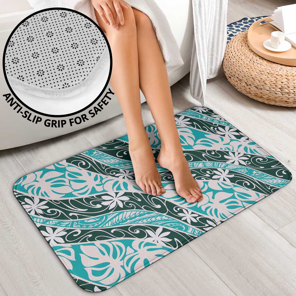Cyan Tahiti Tiare Monstera Bathroom Set Polynesian Pattern Curve Style - Polynesian Pride