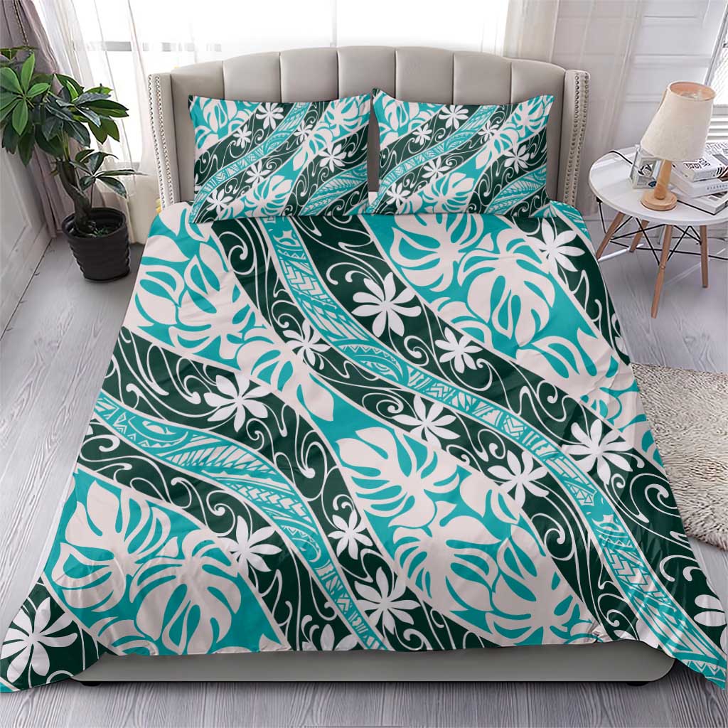 Cyan Tahiti Tiare Monstera Bedding Set Polynesian Pattern Curve Style - Polynesian Pride