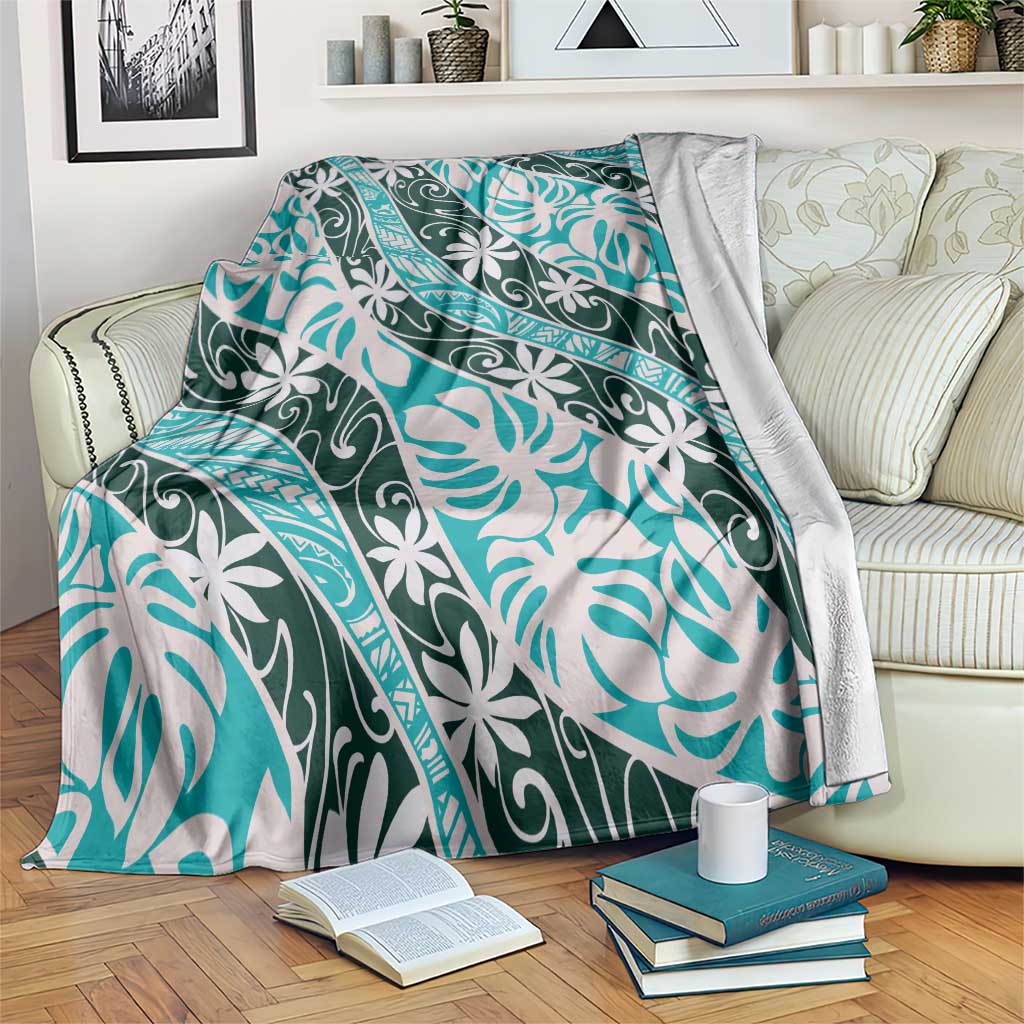 Cyan Tahiti Tiare Monstera Blanket Polynesian Pattern Curve Style - Polynesian Pride