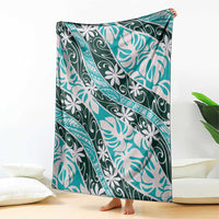 Cyan Tahiti Tiare Monstera Blanket Polynesian Pattern Curve Style - Polynesian Pride