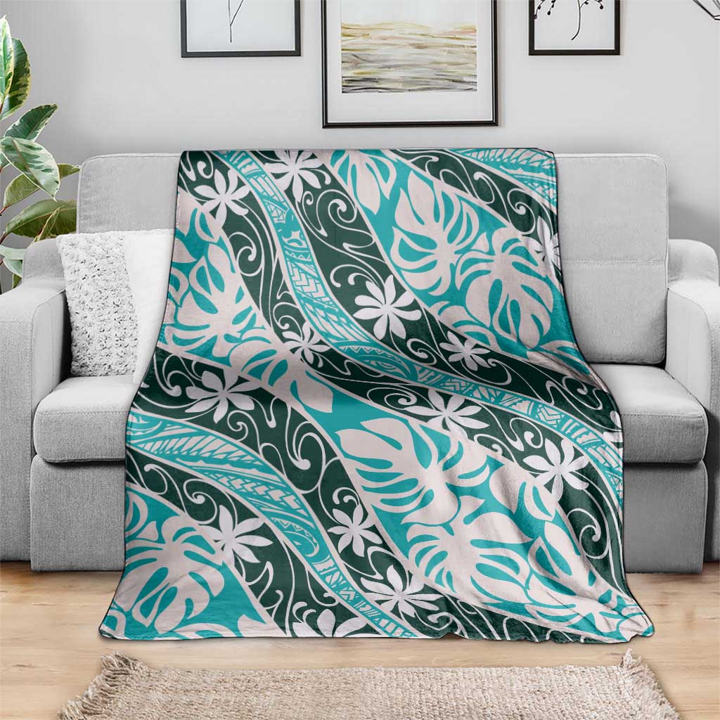 Cyan Tahiti Tiare Monstera Blanket Polynesian Pattern Curve Style - Polynesian Pride