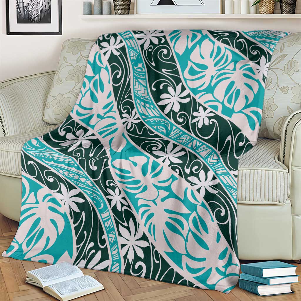 Cyan Tahiti Tiare Monstera Blanket Polynesian Pattern Curve Style - Polynesian Pride