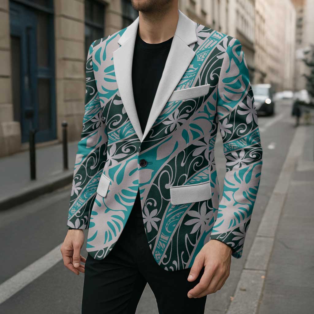 Cyan Tahiti Tiare Monstera Blazer Polynesian Pattern Curve Style - Polynesian Pride