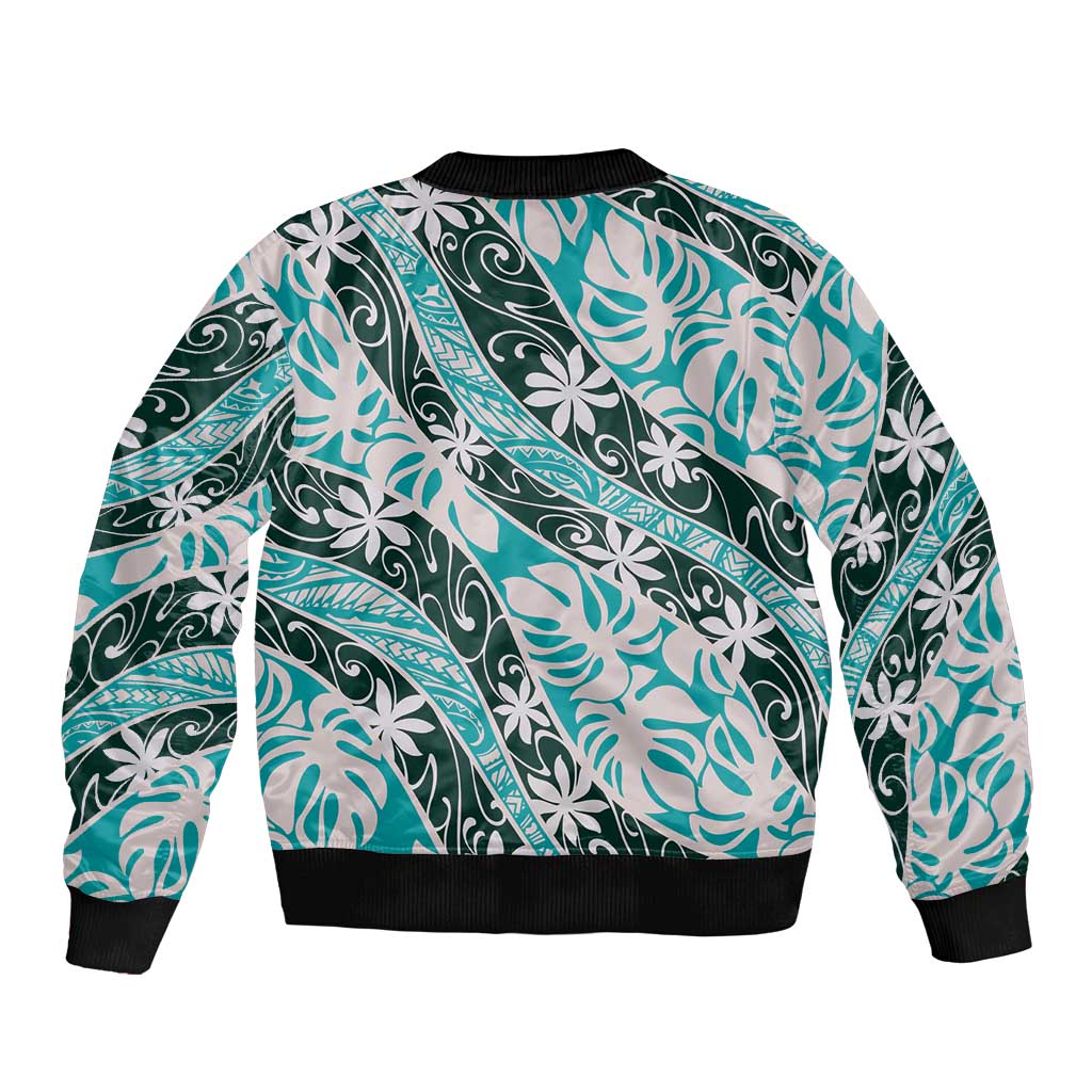 Cyan Tahiti Tiare Monstera Bomber Jacket Polynesian Pattern Curve Style - Polynesian Pride