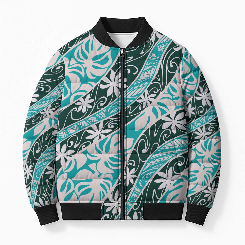 Cyan Tahiti Tiare Monstera Bomber Puffer Jacket Polynesian Pattern Curve Style - Polynesian Pride