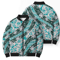 Cyan Tahiti Tiare Monstera Bomber Puffer Jacket Polynesian Pattern Curve Style - Polynesian Pride