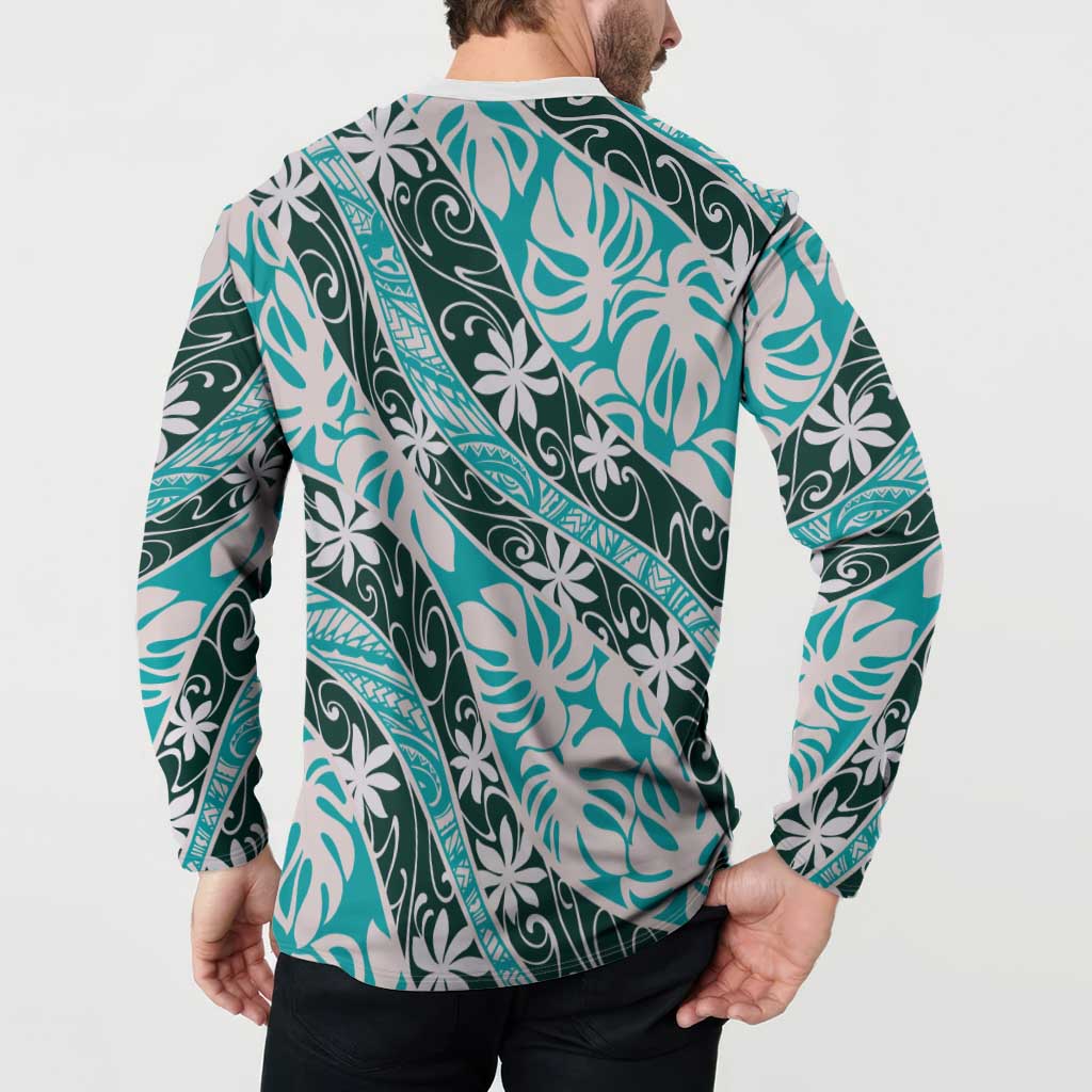 Cyan Tahiti Tiare Monstera Button Sweatshirt Polynesian Pattern Curve Style - Polynesian Pride